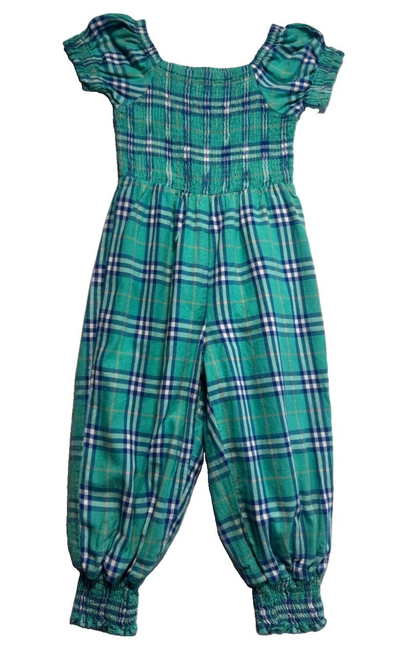 SweetHoney Plaid Smocked Girls Jumpsuit Romper 3T Green Blue 100% Cotton